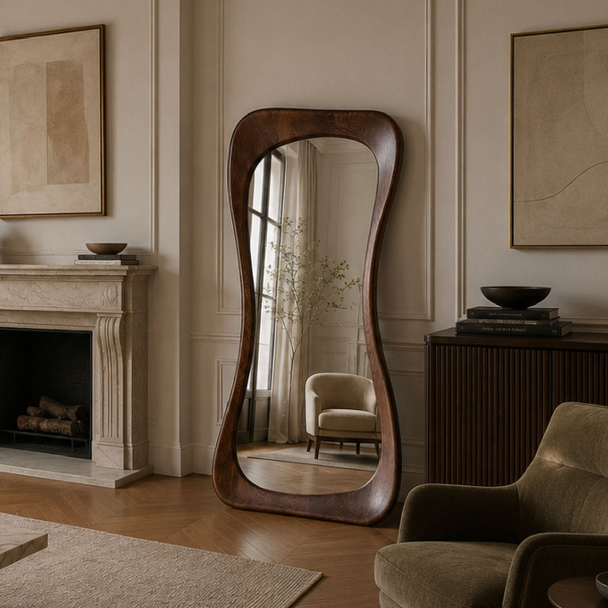 Large statement wood walnut mirror
