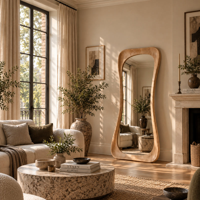 A large, full-length floor mirror with a wavy, organic wooden frame stands in a beautifully styled living room with warm sunlight streaming through windows.