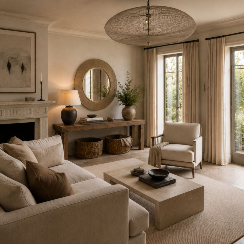 A beautifully styled living room featuring a light beige sofa, a matching armchair, a concrete coffee table, and a large woven pendant light hanging from the ceiling. The room has warm neutral walls, a round wooden mirror, and tall curtains framing bright windows.