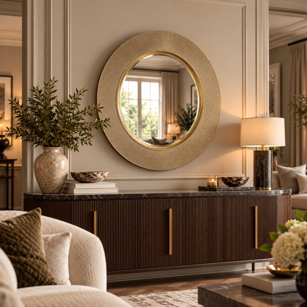 a round wall mirror with a textured gold frame hangs above a dark wood console table in a styled living room setting.