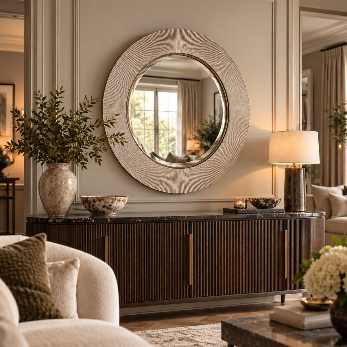 A large round wall mirror with a textured, brushed silver frame hangs above a dark wood console table in a styled living room setting.