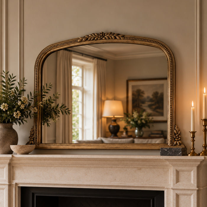 An ornate gold-framed arched mirror hangs above a cream stone fireplace mantel in a warm, elegantly styled room. The mirror reflects a softly lit interior with curtains, a lamp, and framed art, while the mantel is decorated with a vase of greenery and lit candles.