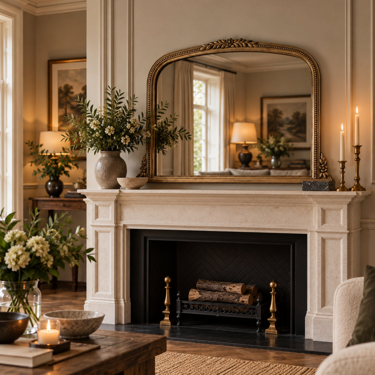 An ornate gold-framed wall mirror with an arched top is mounted above a classic white stone fireplace mantel in a beautifully decorated living room with warm lighting, candles, and floral arrangements.
