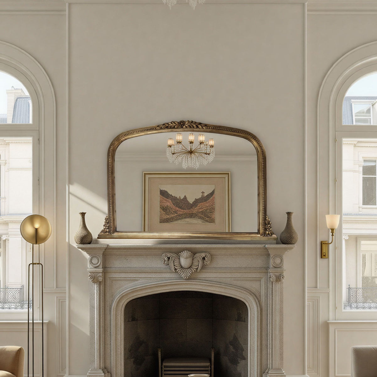 Decorative mirror above a fireplace in a stylish room with arched windows.
