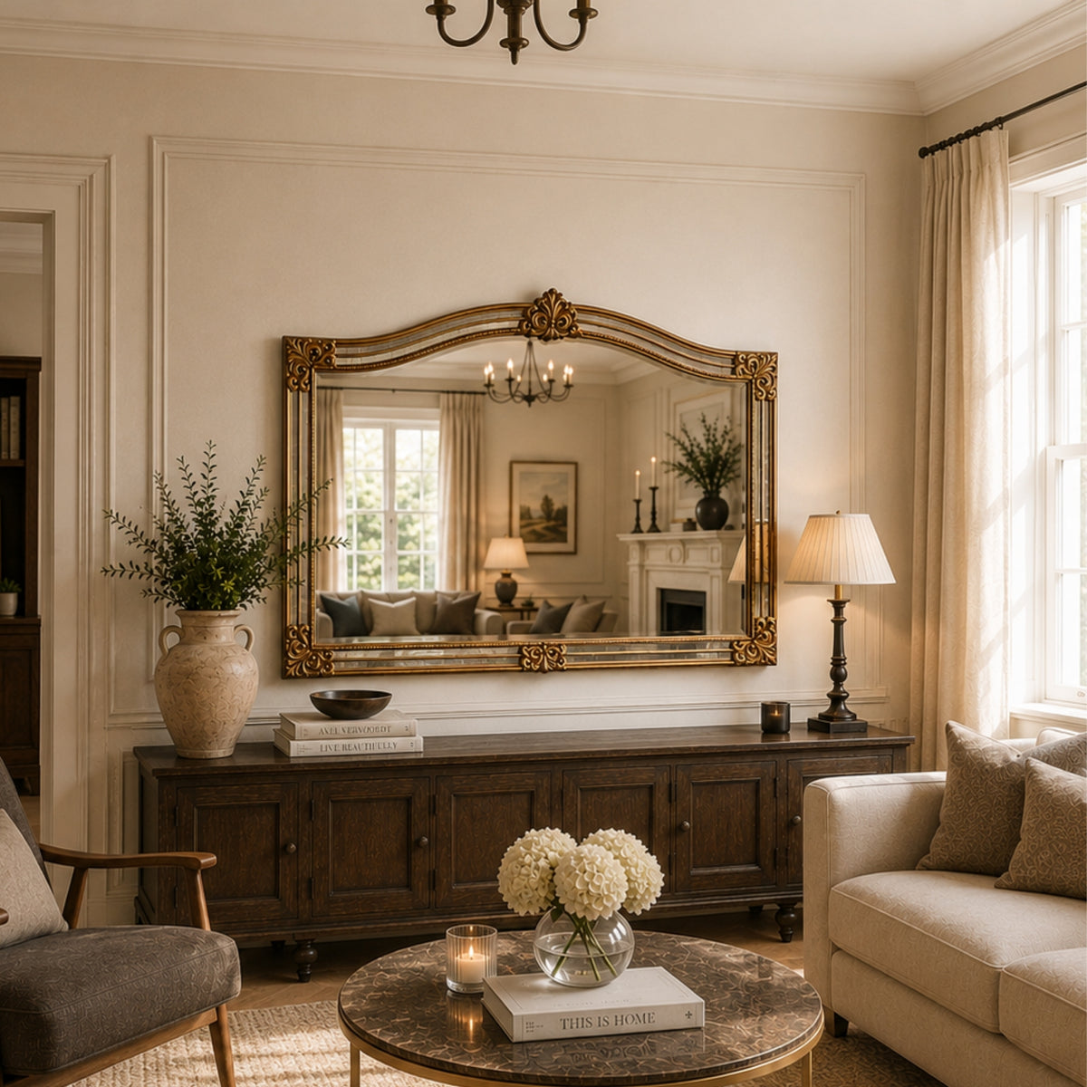 A large ornate gold-framed mirror hangs on a cream wall above a dark wood console in a styled living room. The room features a beige sofa, a marble-top coffee table with white flowers, a table lamp, and a vase of greenery.
