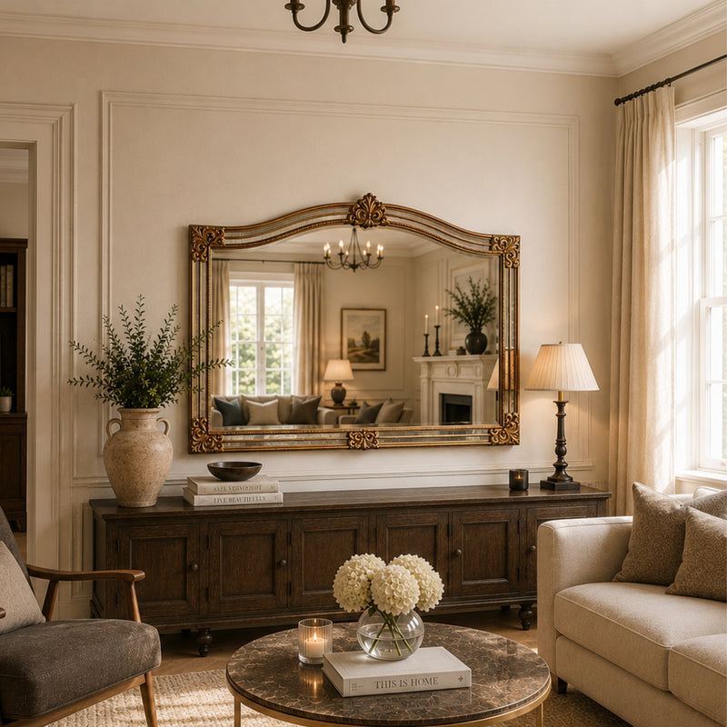 A large ornate gold-framed mirror hangs on a cream wall above a dark wood console in a styled living room. The room features a beige sofa, a marble-top coffee table with white flowers, a table lamp, and a vase of greenery.