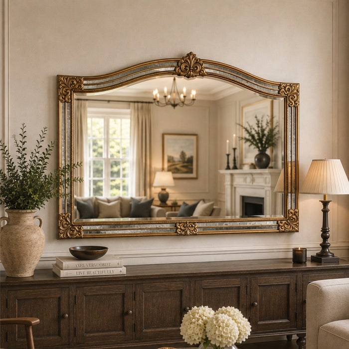 An ornate gold-framed wall mirror with a mirrored center, mounted on a beige wall above a dark wood console table in a styled living room.