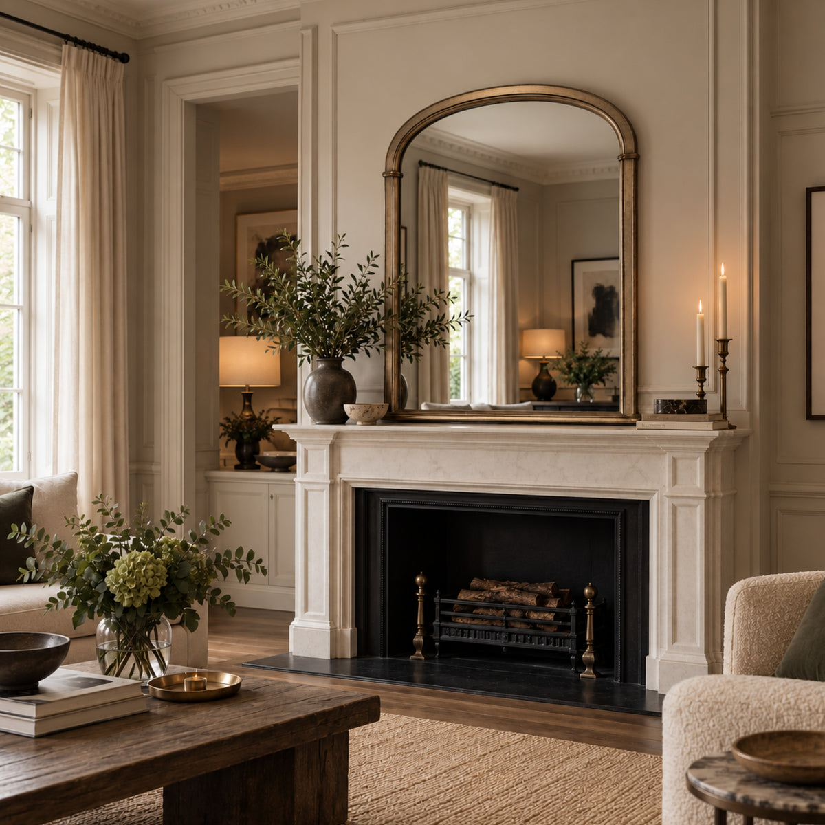 A large arched mirror with a distressed gold frame hangs on a cream paneled wall above a white fireplace mantel in a beautifully styled living room.