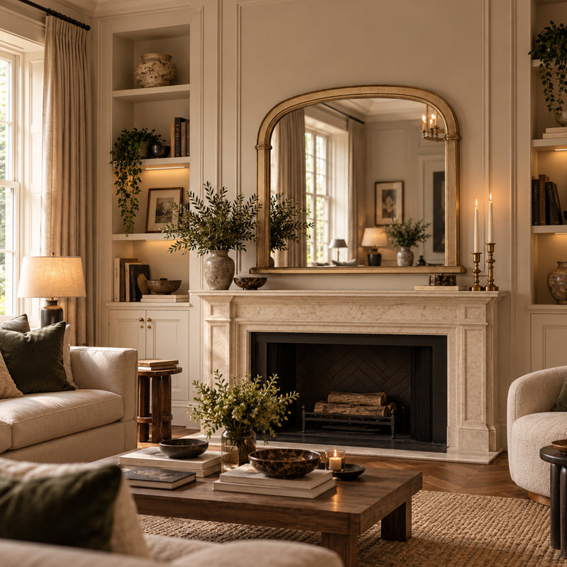 A beautifully styled living room featuring a large arched gold-framed mirror mounted above a classic stone fireplace. The room is decorated with warm neutral tones, including beige walls, cream sofas, a wooden coffee table, and built-in shelving with books and greenery.