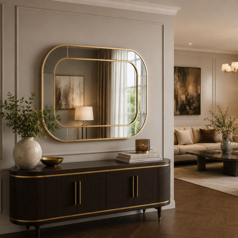 A large rounded rectangular gold-framed wall mirror hangs above a dark wood console table in a styled entryway. The room has warm neutral walls, wood flooring, and a softly lit living area in the background.