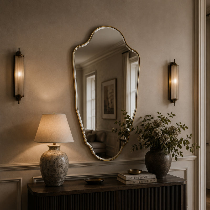 An ornate asymmetrical wall mirror with a gold-toned frame hangs on a beige wall above a dark wood console table. The scene is styled with a lit table lamp on the left, a vase of flowers on the right, and matching wall sconces on either side.