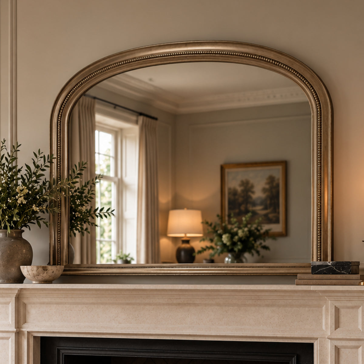 An arched gold-framed mirror with a decorative beaded border, mounted above a cream fireplace mantel. The mirror reflects a warmly lit room with curtains, a table lamp, and a framed landscape painting.