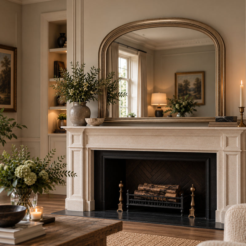 A large arched mirror with a gold-toned frame hangs above a cream fireplace mantel in a styled living room. The scene includes a black fireplace opening with logs, potted greenery on the mantel and table, framed wall art, candles, and warm ambient lighting.