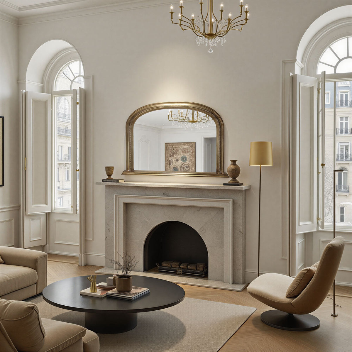 antique gold mirror above a fireplace