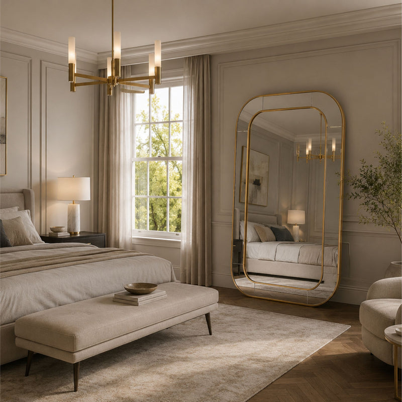 A large arched full-length floor mirror with a gold frame stands in a beautifully styled bedroom, reflecting the bed, window, and chandelier. The room features warm beige walls, a matching upholstered bench at the foot of the bed, a gold chandelier, and a window with sheer curtains.
