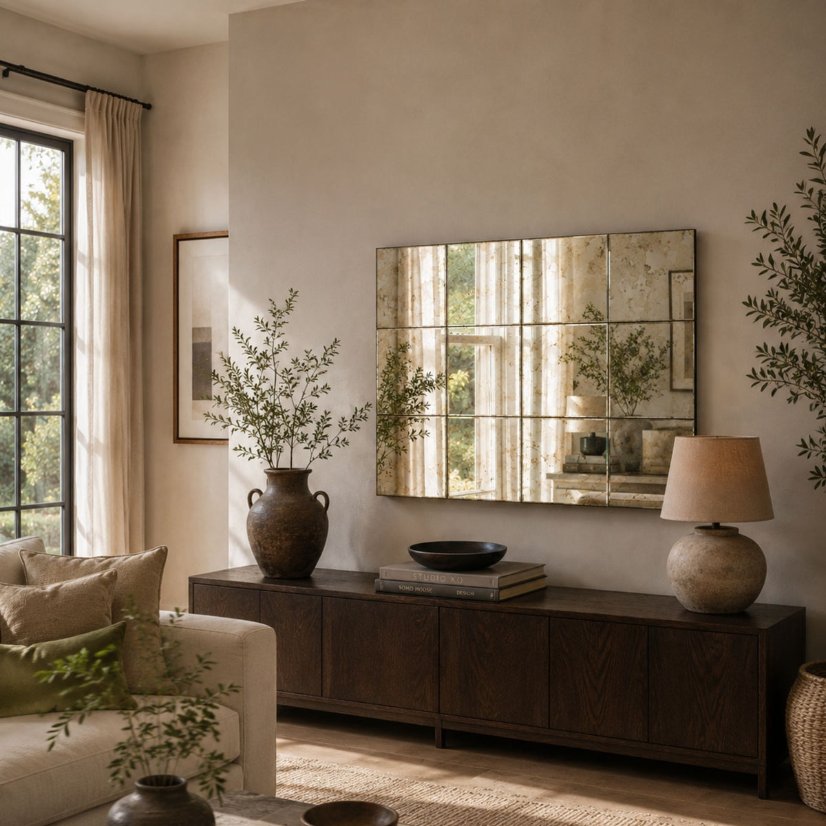 a large distressed antique glass mirror