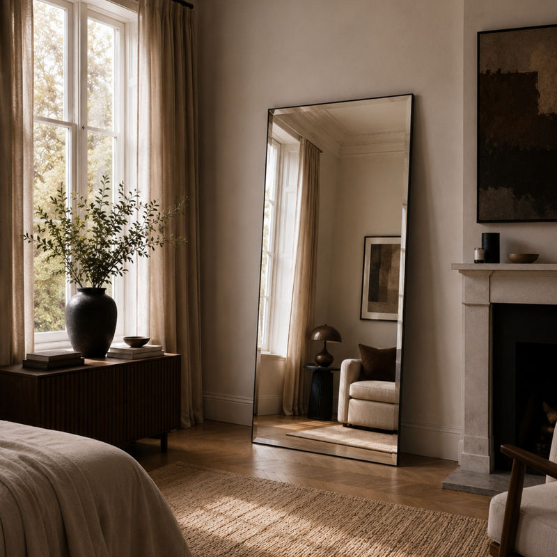 Bevelled floor mirror with fine black frame