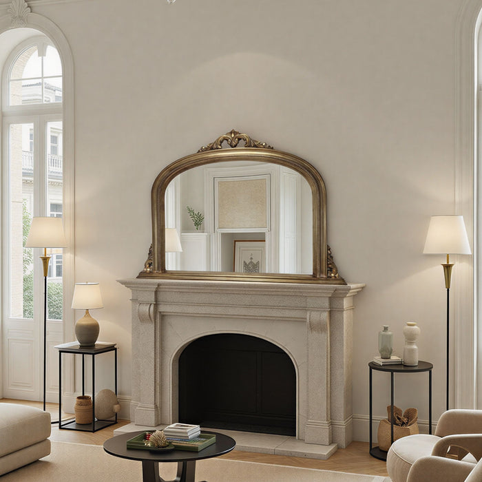 Decorative antique gold overmantle mirror