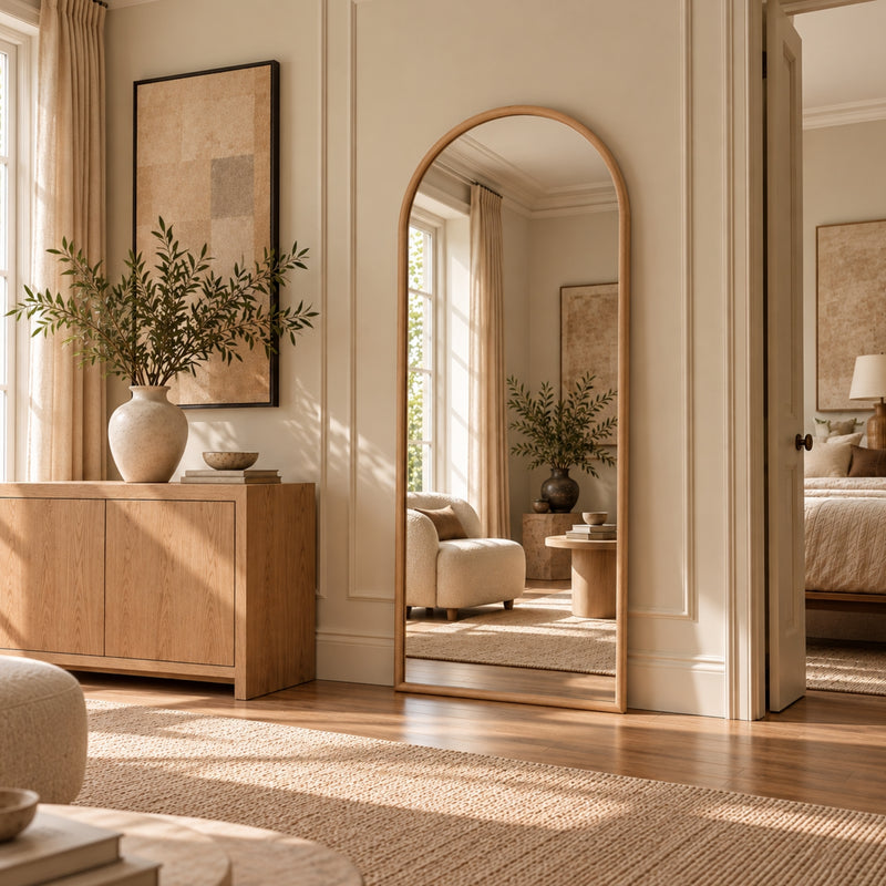 A tall arched floor mirror with a light wood frame stands in a sunlit, neutral-toned living room. The mirror reflects an armchair and side table, while the room features a light wood credenza, beige walls, framed art, and a woven rug.