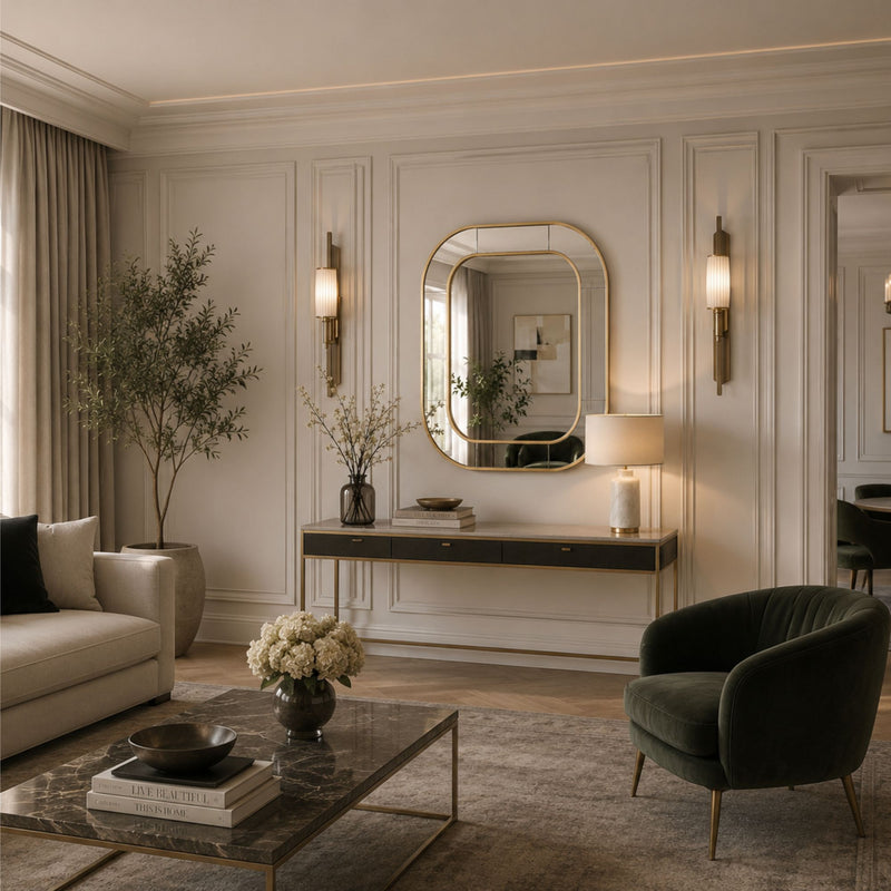 A styled interior room with cream paneled walls, a large oval wall mirror, wall sconces, a console table, a sofa, a dark green velvet armchair, a marble coffee table, and decorative plants and vases.