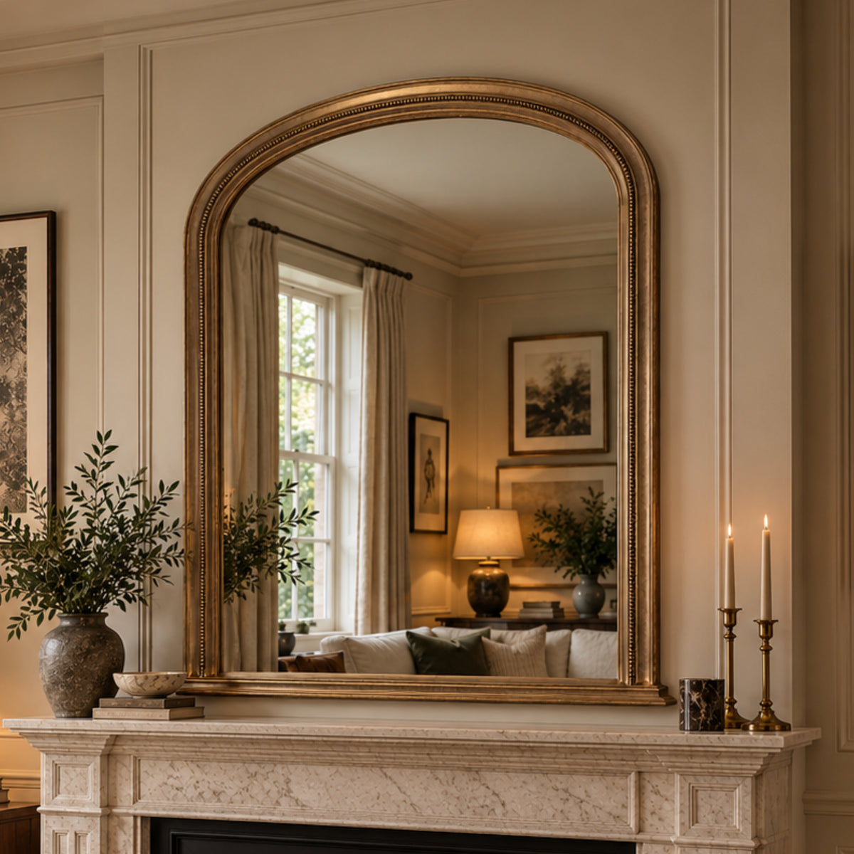An arched gold-framed wall mirror with a decorative carved border, mounted above a marble fireplace mantel in a classic beige living room.