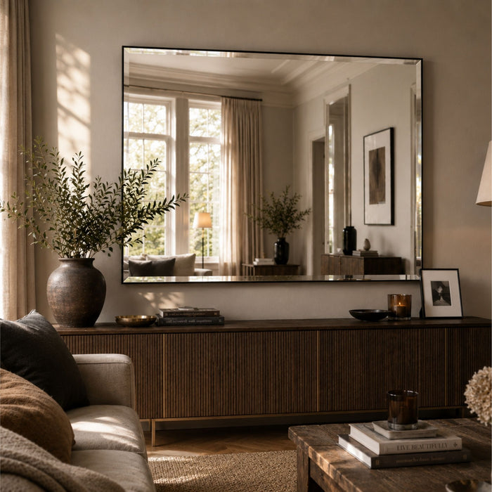 Bevelled contemporary mirror with fine black edge