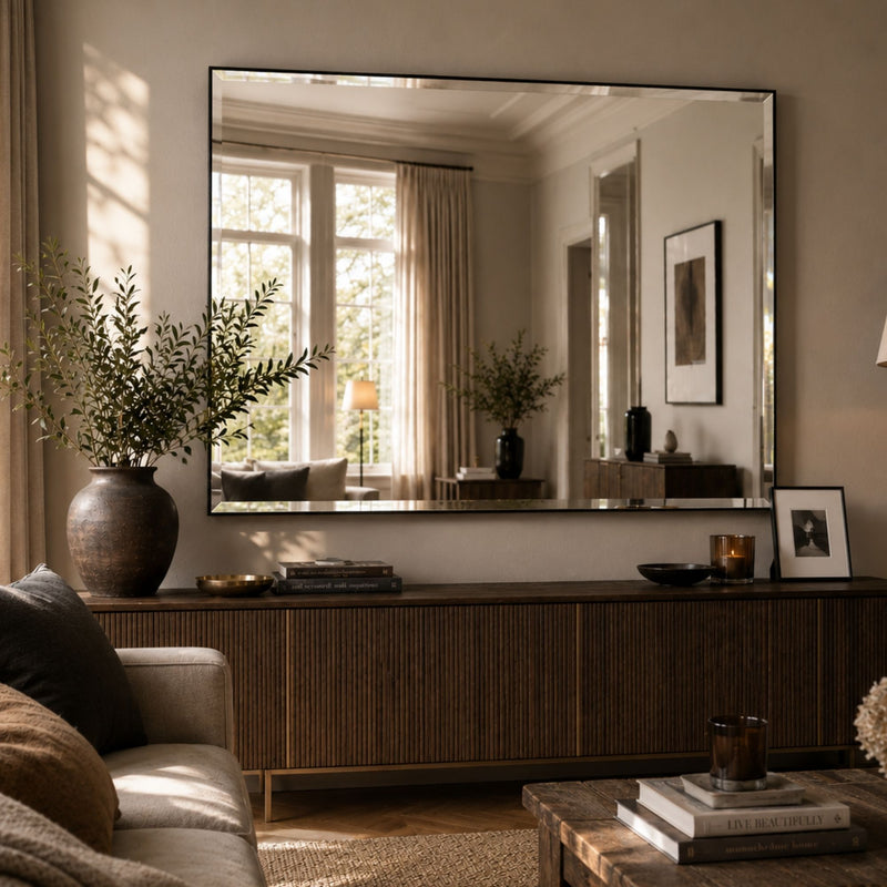 A large rectangular wall mirror with a thin black frame hangs above a dark wood credenza in a styled living room. The mirror reflects a bright window and curtains, and the room is decorated with potted plants in a dark ceramic vase, books, and framed art.