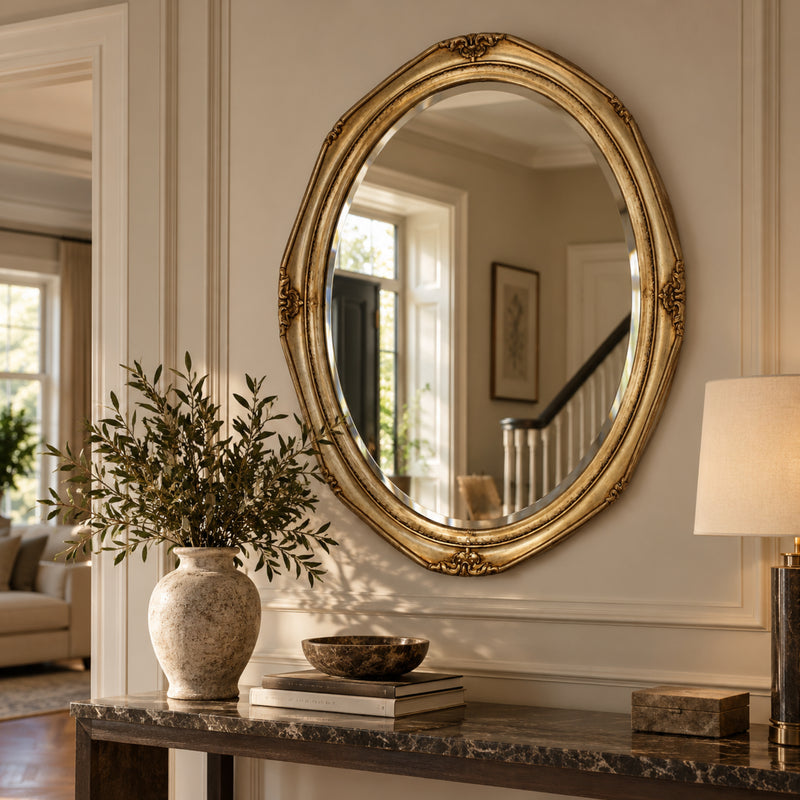 An ornate oval gold-framed wall mirror hangs on a cream paneled wall above a console table styled with a vase of greenery, books, and a lamp.