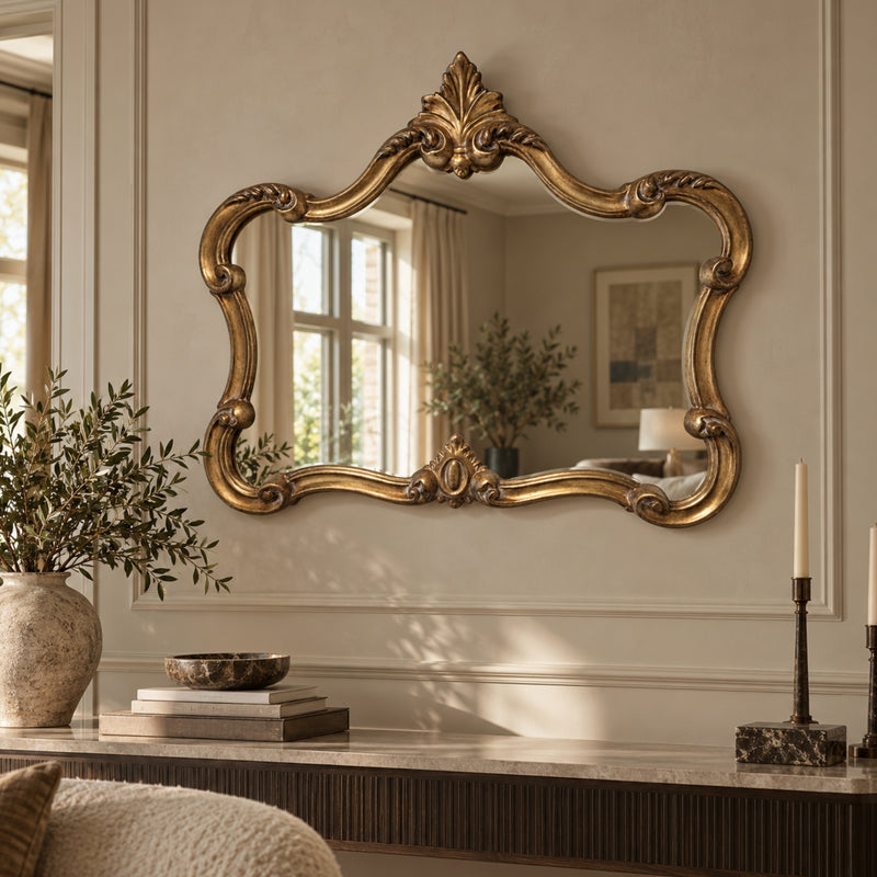 An ornate gold-framed wall mirror with a baroque-style carved frame hangs on a beige wall above a console table decorated with books, candles, and a vase of greenery.