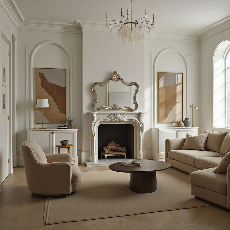 Gold traditional mirror above a fireplace