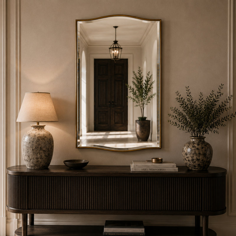 A large arched wall mirror with a gold frame hangs above a dark wood console table in a warm, elegant room. The mirror reflects a dark wooden door and a hanging lantern, while the room itself is styled with a patterned ceramic table lamp on the left and a matching vase with dried greenery on the right.