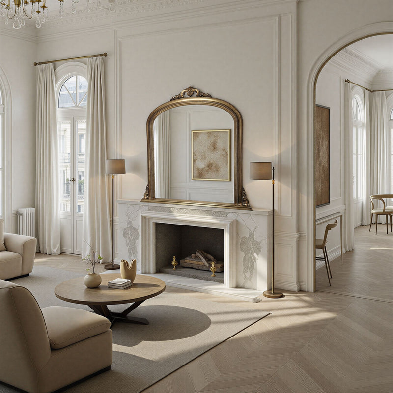 Luxurious living room with marble fireplace, gold  ornate mirror, and elegant decor.