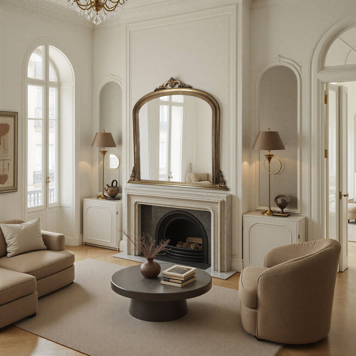 Luxurious living room with an antique gold  fireplace mirror, and elegant decor.