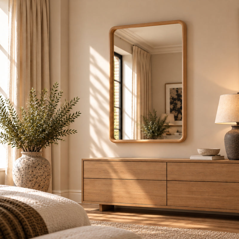 A rectangular wall mirror with a light natural wood frame hangs above a matching wood dresser in a sunlit bedroom. The scene includes beige curtains, a large vase with greenery, a table lamp, and a bed in the foreground.