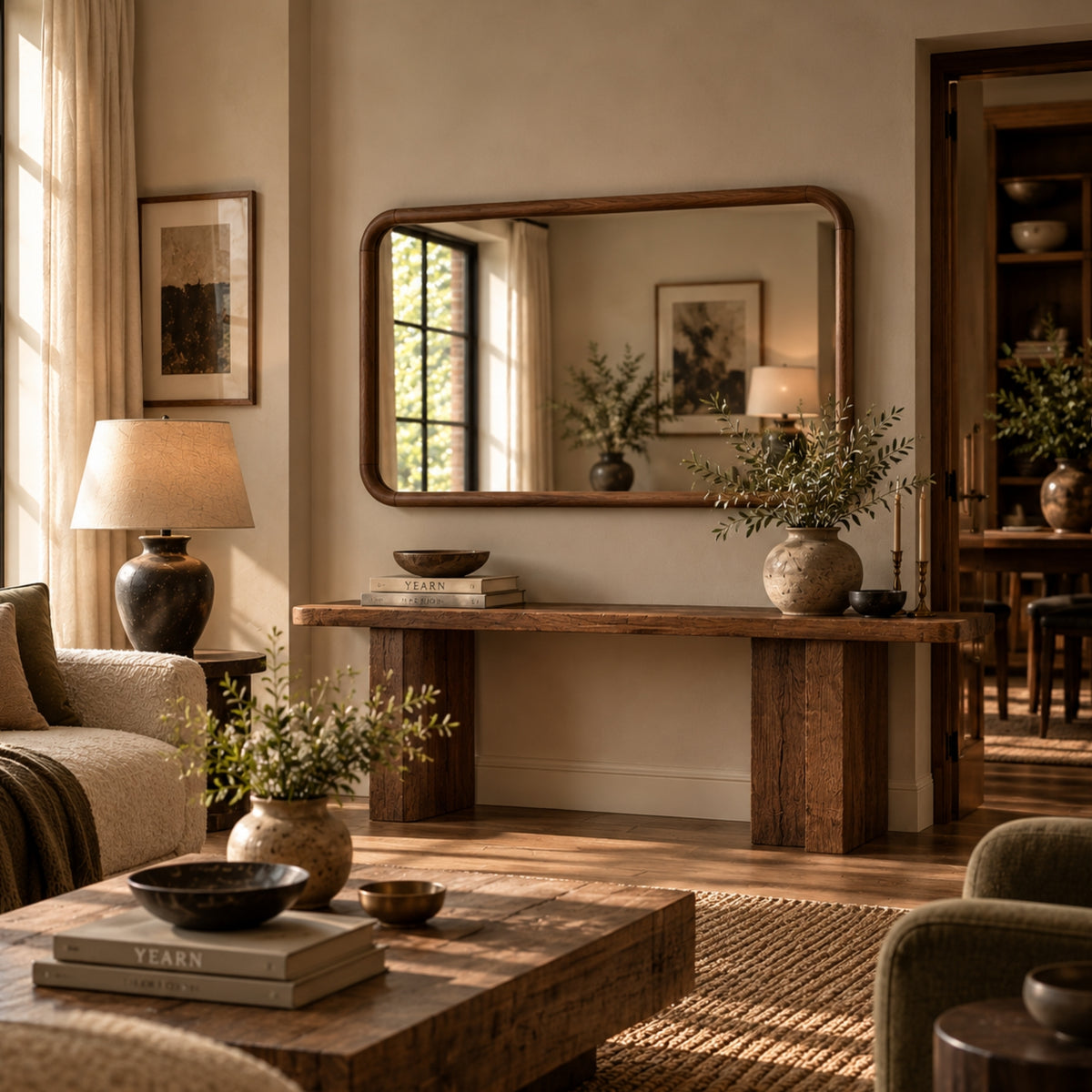 A rustic wooden console table with a large rectangular wall mirror mounted above it, styled in a warm, sunlit living room with beige walls, a lamp, books, and potted plants.