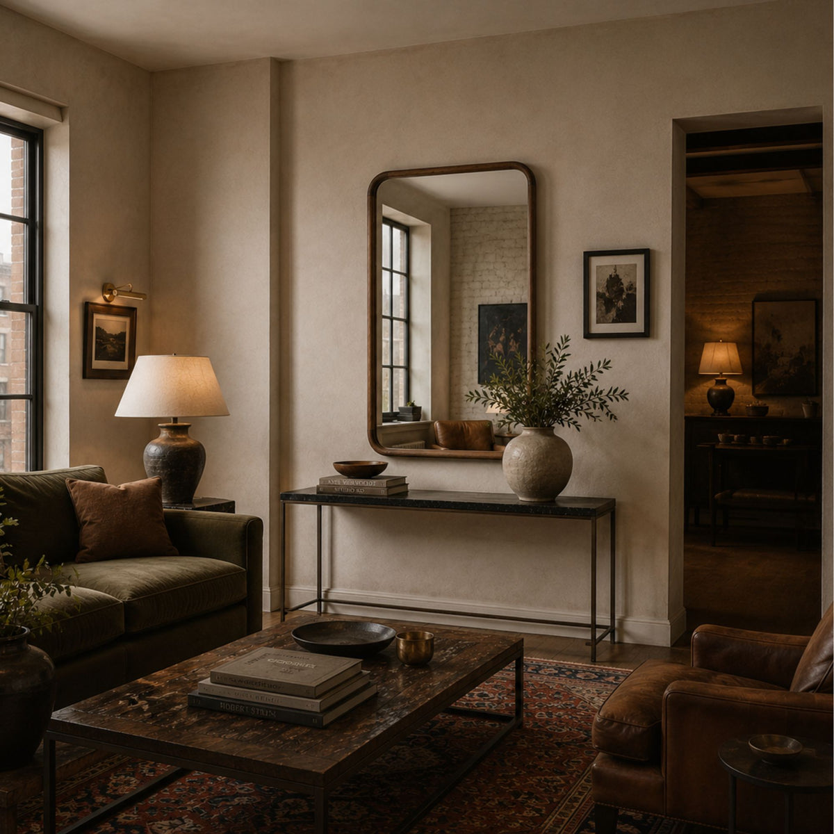 A styled living room interior with a large rectangular wall mirror, console table, lamp, sofa, coffee table, rug, and framed wall art in warm neutral tones.