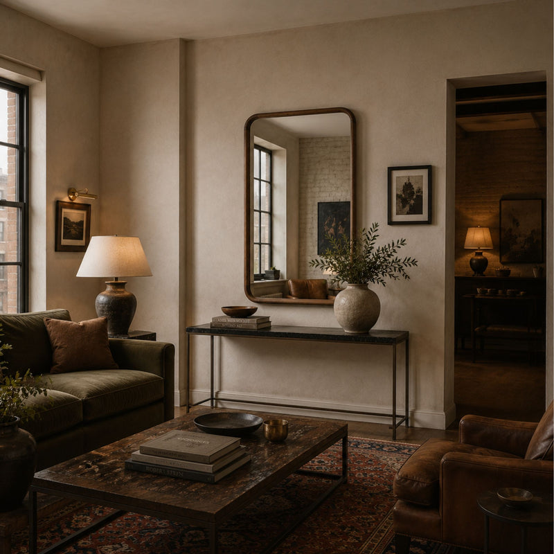 A styled living room interior with a large rectangular wall mirror, console table, lamp, sofa, coffee table, rug, and framed wall art in warm neutral tones.