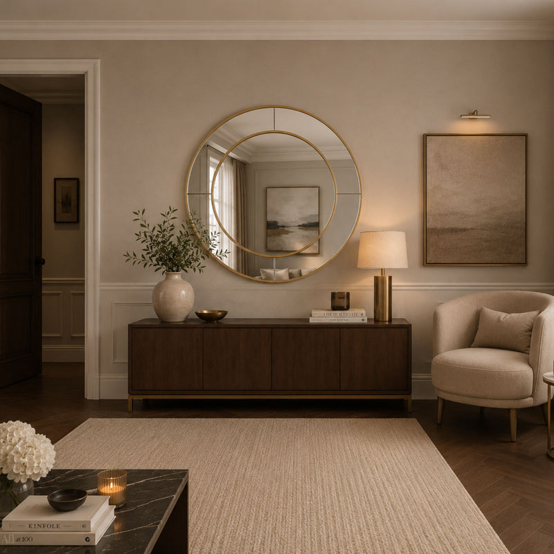 A styled interior room scene featuring a large round gold-framed mirror mounted on a beige wall above a dark wood console. The room includes a cream armchair, a textured rug, a side table with books and flowers, and framed wall art.