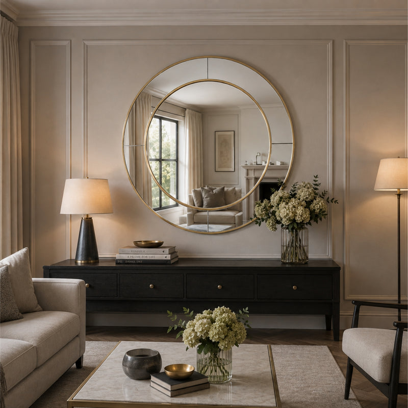 A large round gold-framed mirror with a double-ring design hangs on a beige paneled wall in a styled living room. The room features a black console table, a beige sofa, a coffee table with flowers, and two table lamps.