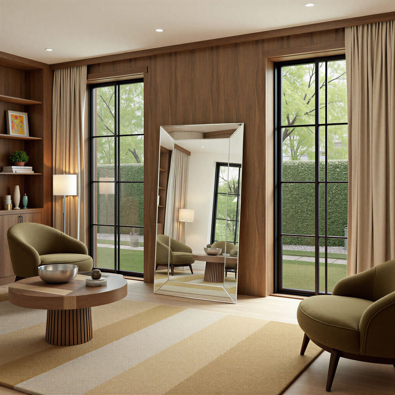 Modern living room with green chairs, a round wooden table, and large windows.
