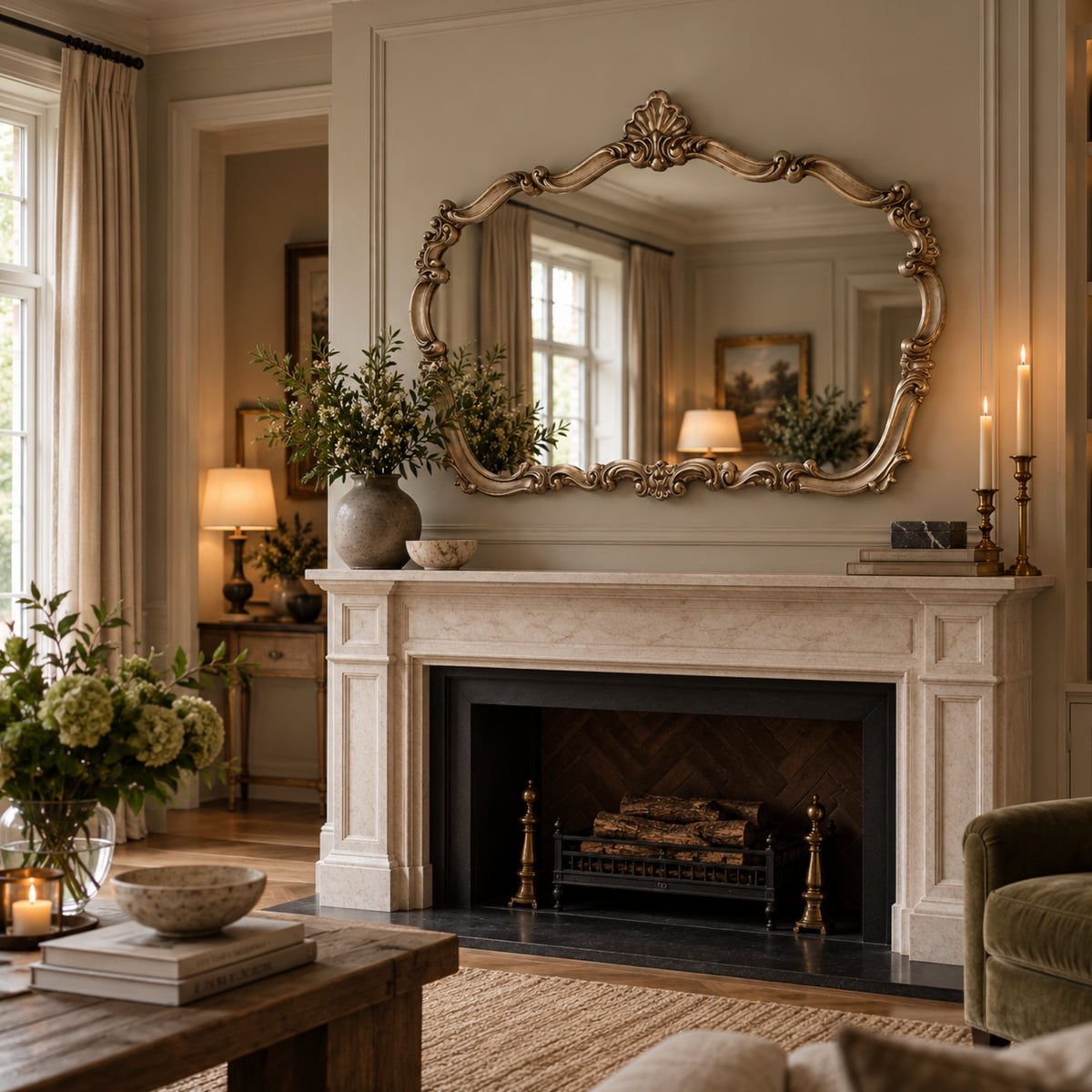 An ornate gold-framed oval mirror hangs above a white marble fireplace mantel in a beautifully styled living room with warm lighting, candles, and decorative plants.