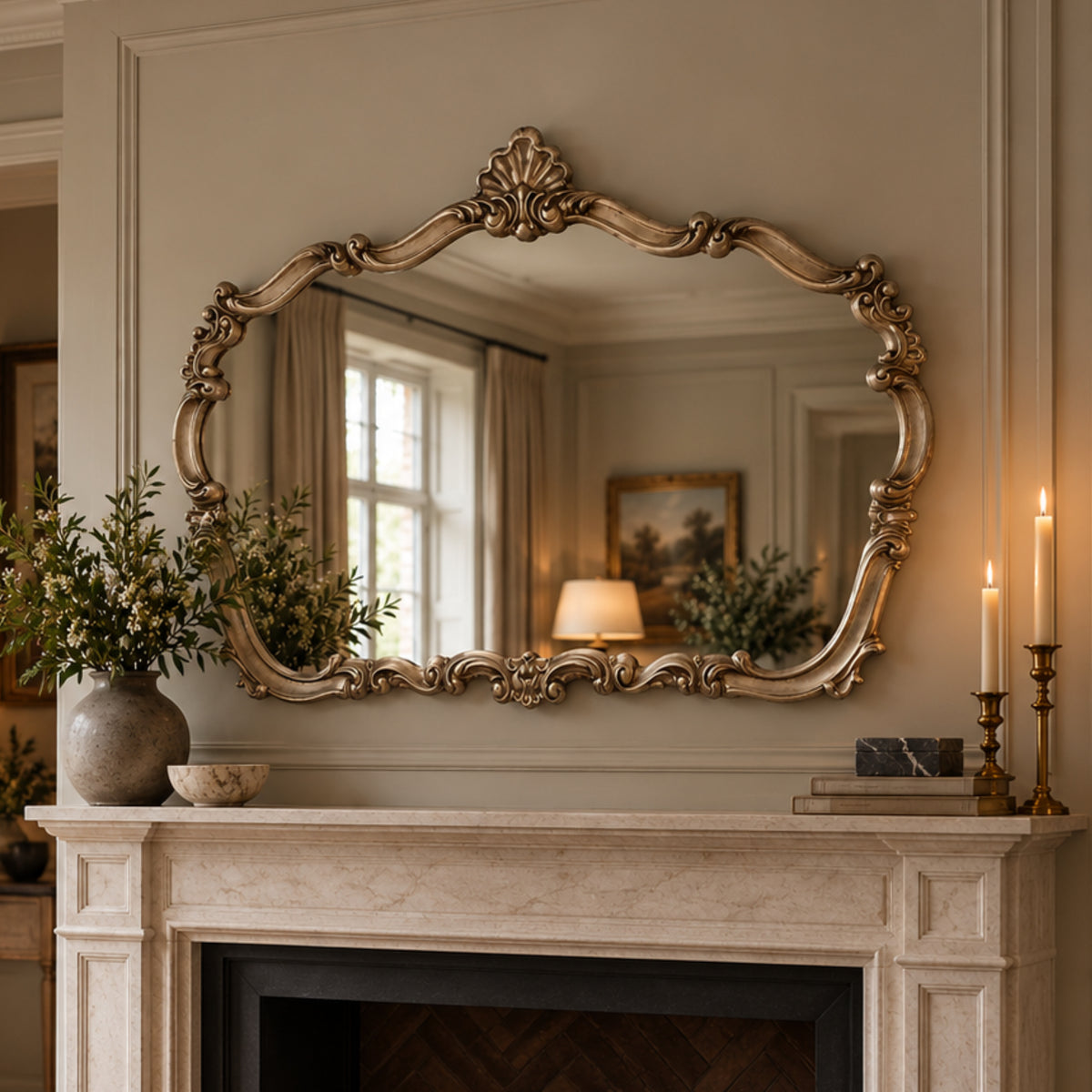 An ornate gold-framed mirror with intricate baroque-style carvings hangs on a beige wall above a marble fireplace mantel decorated with a vase of greenery and lit candles.