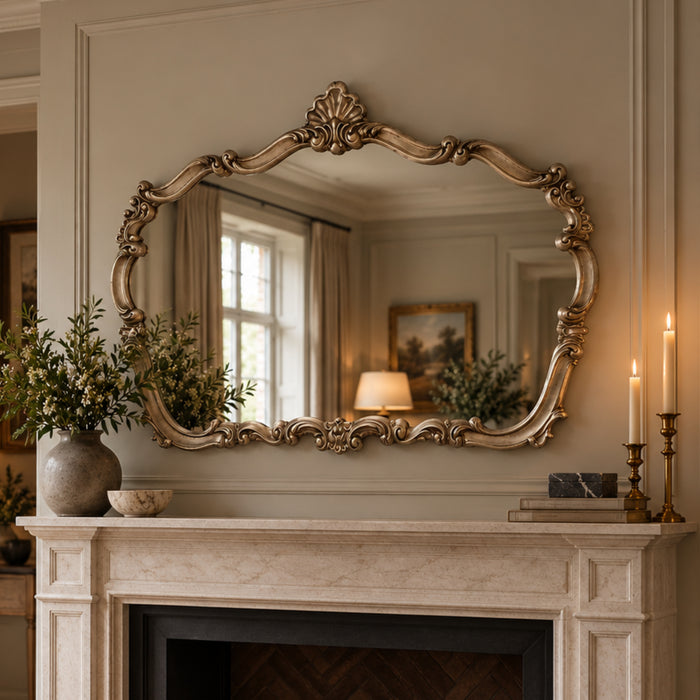 An ornate gold-framed mirror with intricate baroque-style carvings hangs on a beige wall above a marble fireplace mantel decorated with a vase of greenery and lit candles.