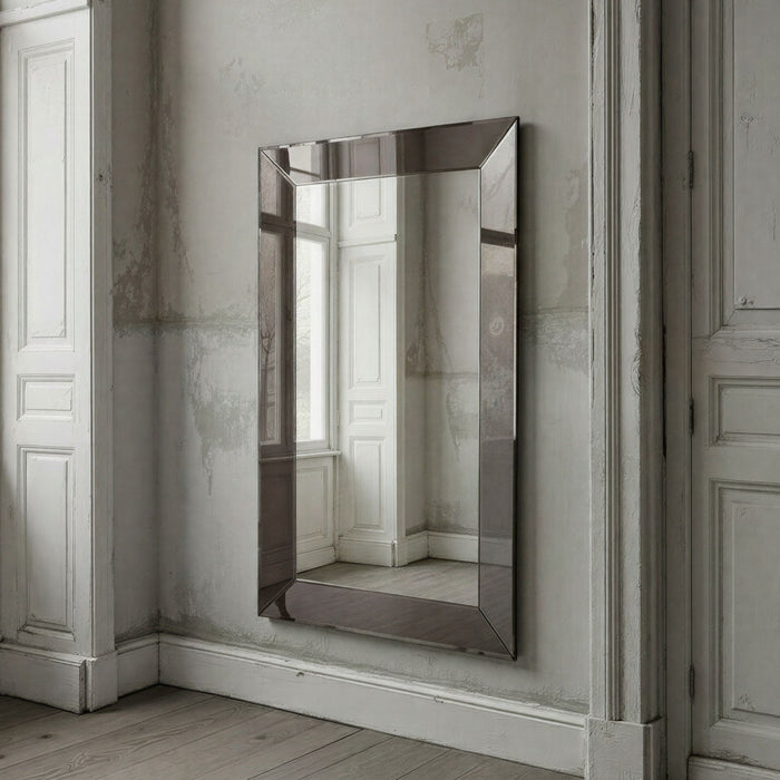 A rectangular wall mirror with a dark, reflective frame mounted on a distressed gray wall in an interior room with white paneled doors and light wood flooring.