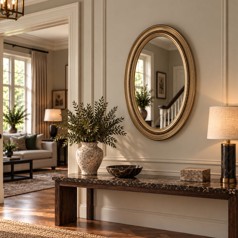 An oval wall mirror with an ornate gold frame hangs on a beige wall above a dark wood console table in a styled living room. A vase with greenery, a bowl, and a lamp sit on the table, and a sofa is visible in the background through an open doorway.