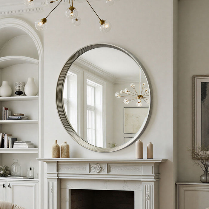 Large contemporary round mirror silver bevelled