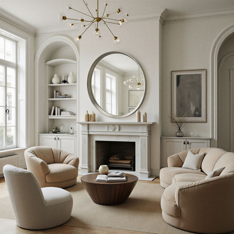 Large contemporary round mirror silver bevelled